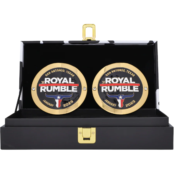 Royal Rumble 2023 replica side plate box set featuring two brass WWE side plates in a black collector display case. Shop at TheChampions.biz