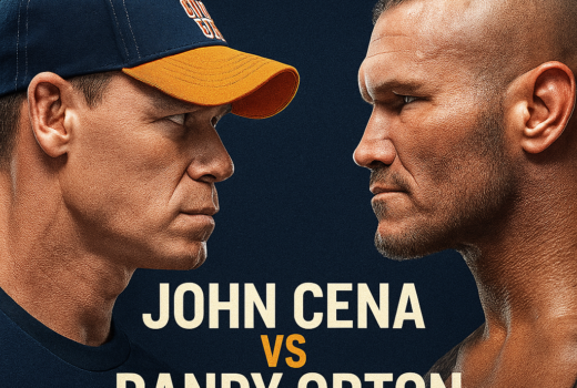 John Cena vs Randy Orton WWE Backlash 2025 face-off poster with intense stare-down before their epic showdown in St. Louis.