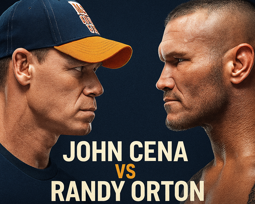 John Cena vs Randy Orton WWE Backlash 2025 face-off poster with intense stare-down before their epic showdown in St. Louis.