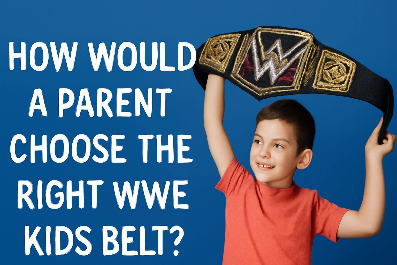 Young boy holding a WWE kids replica belt above his head, symbolizing how parents can choose the right WWE kids replica belts that are safe, durable, and fun for children in the U.S.