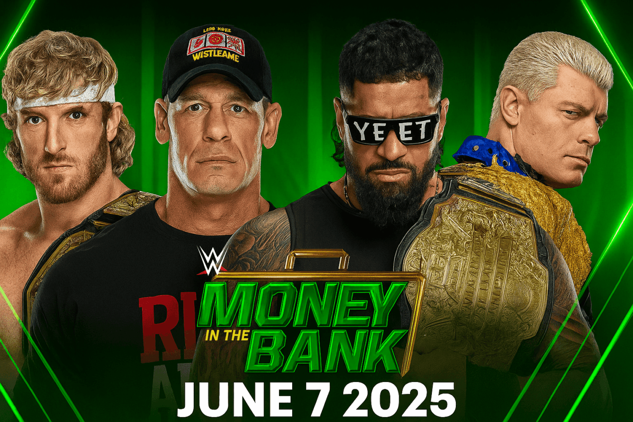 WWE Money in the Bank 2025 match between Cody rhodes & jey uso vs. john cena & logan paul poster featuring Logan Paul, John Cena, Jey Uso, and Cody Rhodes.